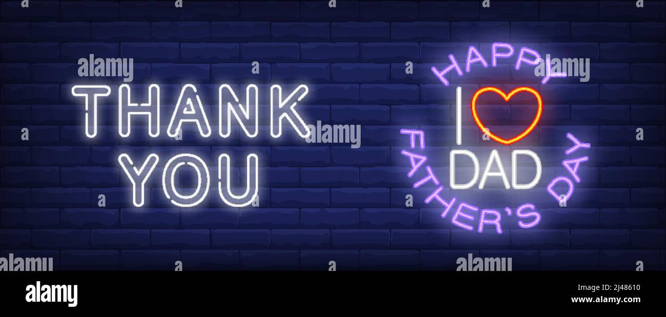 Merci, je vous aime papa illustration vectorielle dans le style néon. Texte et forme de coeur rouge sur fond de mur de brique. Motif nuit lumineuse, bannière, panneau. FAM Illustration de Vecteur