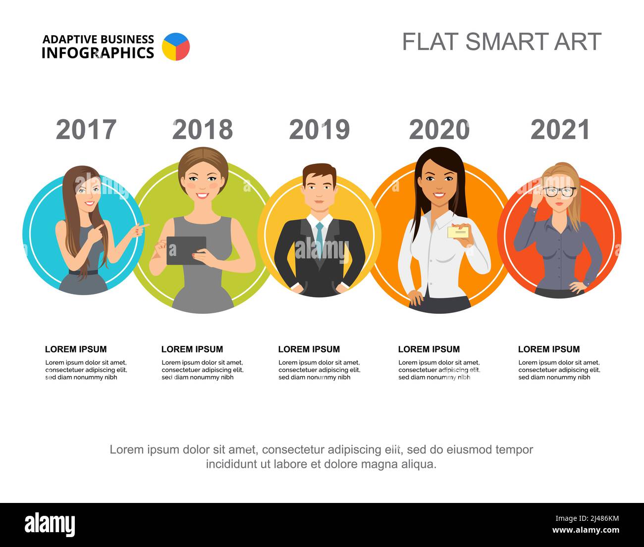 Modèle de diagramme de processus en cinq étapes pour la présentation. Visualisation des données métier. Calendrier, équipe, planification, travail d'équipe ou concept de marketing créatif pour Illustration de Vecteur