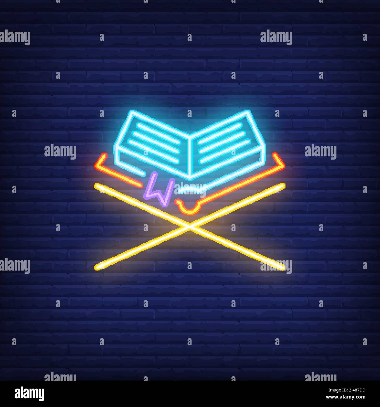 Enseigne fluo Quran. Livre Saint sur support en bois. Publicité de nuit lumineuse. Illustration vectorielle au néon pour la prière ou la célébration du Ramadan Illustration de Vecteur