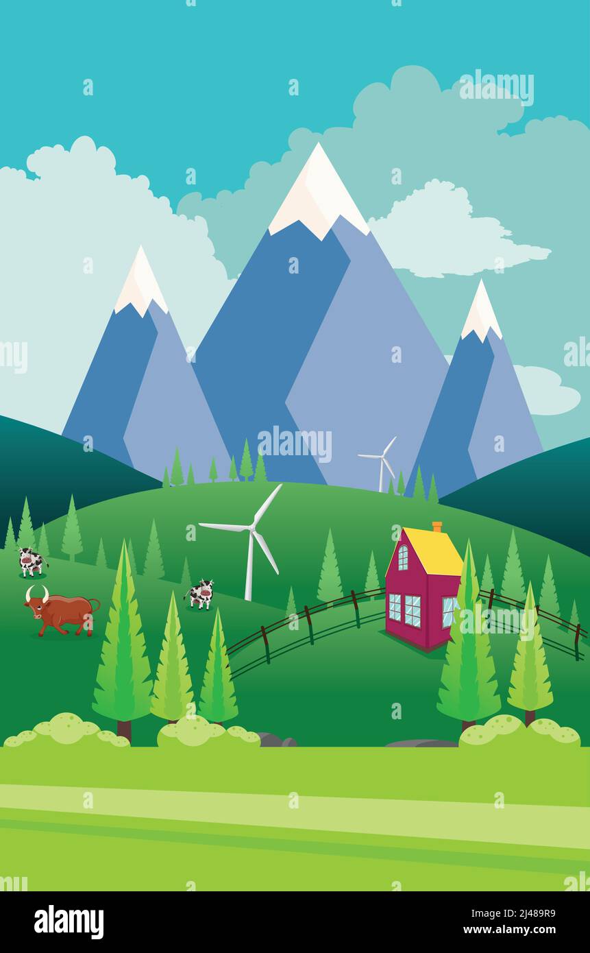 Paysage avec collines vertes, montagnes bleues, vaches et illustration de taureau. Illustration de Vecteur