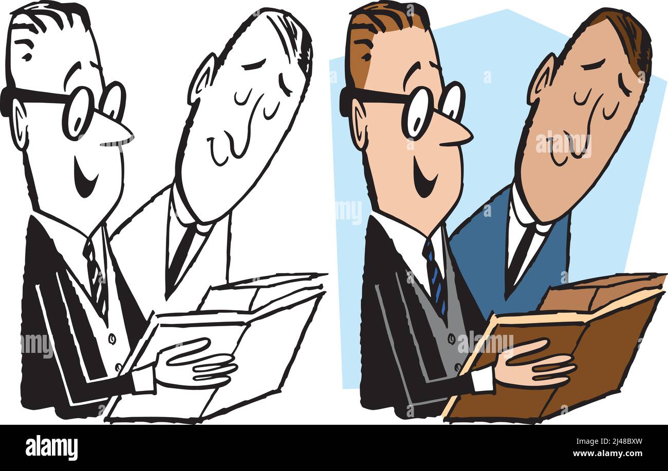 Un dessin animé rétro vintage d'une paire d'hommes d'affaires parlant de travail pendant une réunion. Illustration de Vecteur