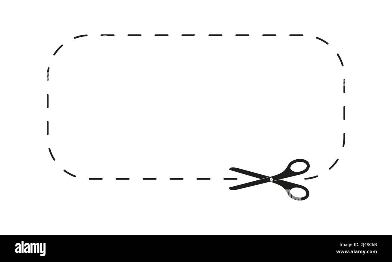 Ciseaux coupant la forme d'un rectangle avec une ligne en pointillés. Icône  Couper ici pour un coupon de réduction papier, un coupon, un code  promotionnel isolé sur fond blanc. Illustration vectorielle Image