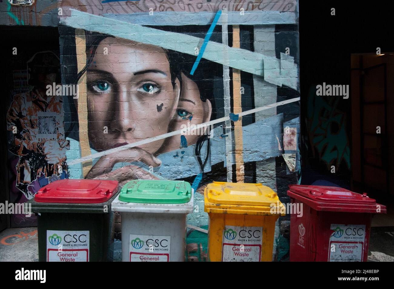 Street art mural juxtaposé avec poubelles municipales, code couleur pour le recyclage, à AC/DC Lane, Melbourne, Australie Banque D'Images