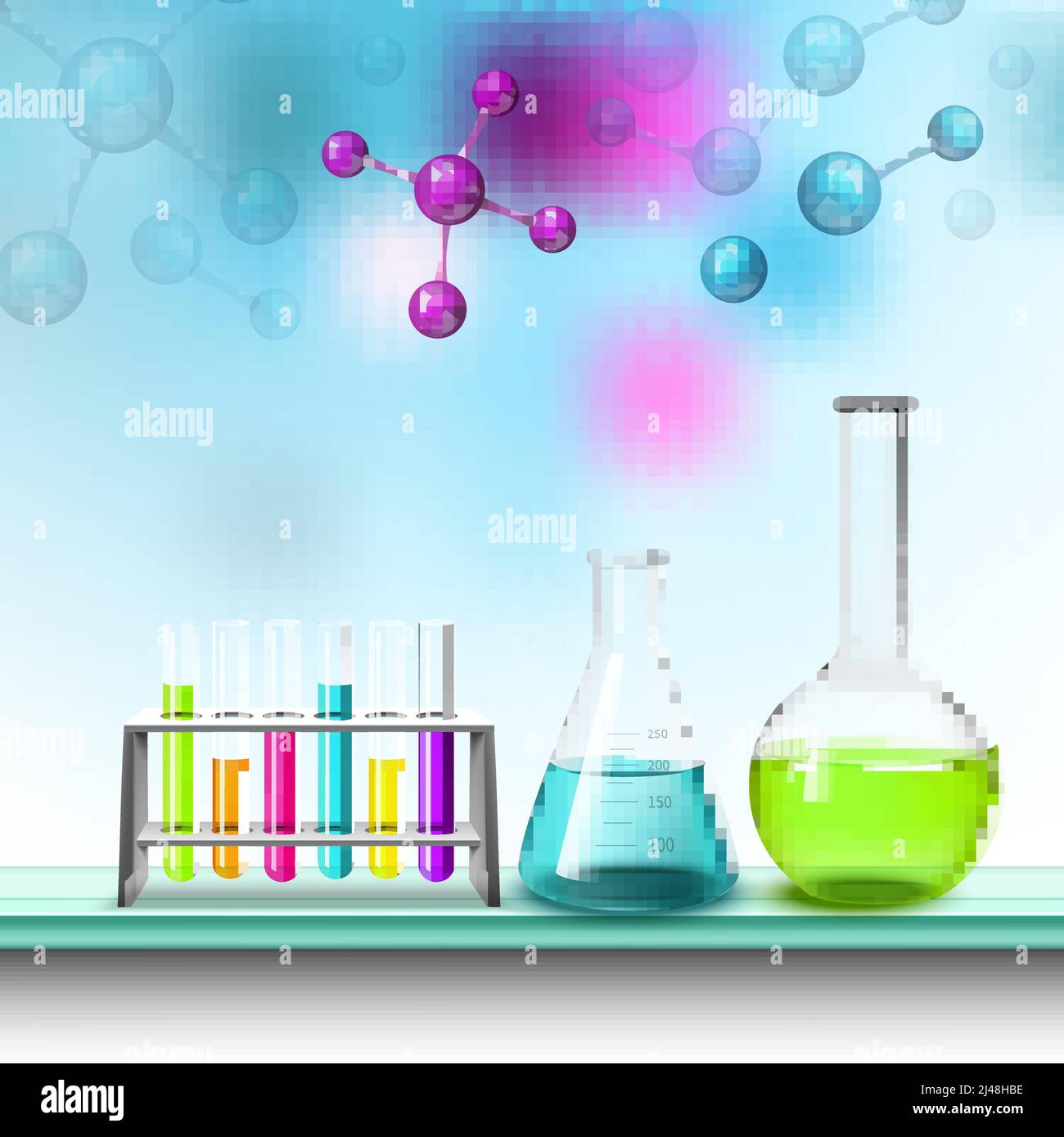 Tubes pour essais de navires molécules d'air de laboratoire composition d'équipement avec illustration à vecteur plat de liquides colorés Illustration de Vecteur