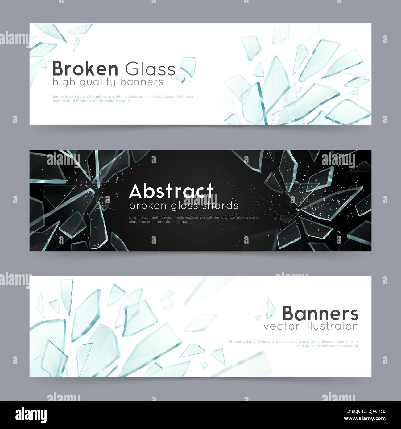 Bris de verre fragments brisés sur fond noir et blanc 3 abstrait décoratif horizontal bannières ensemble illustration vectorielle Illustration de Vecteur