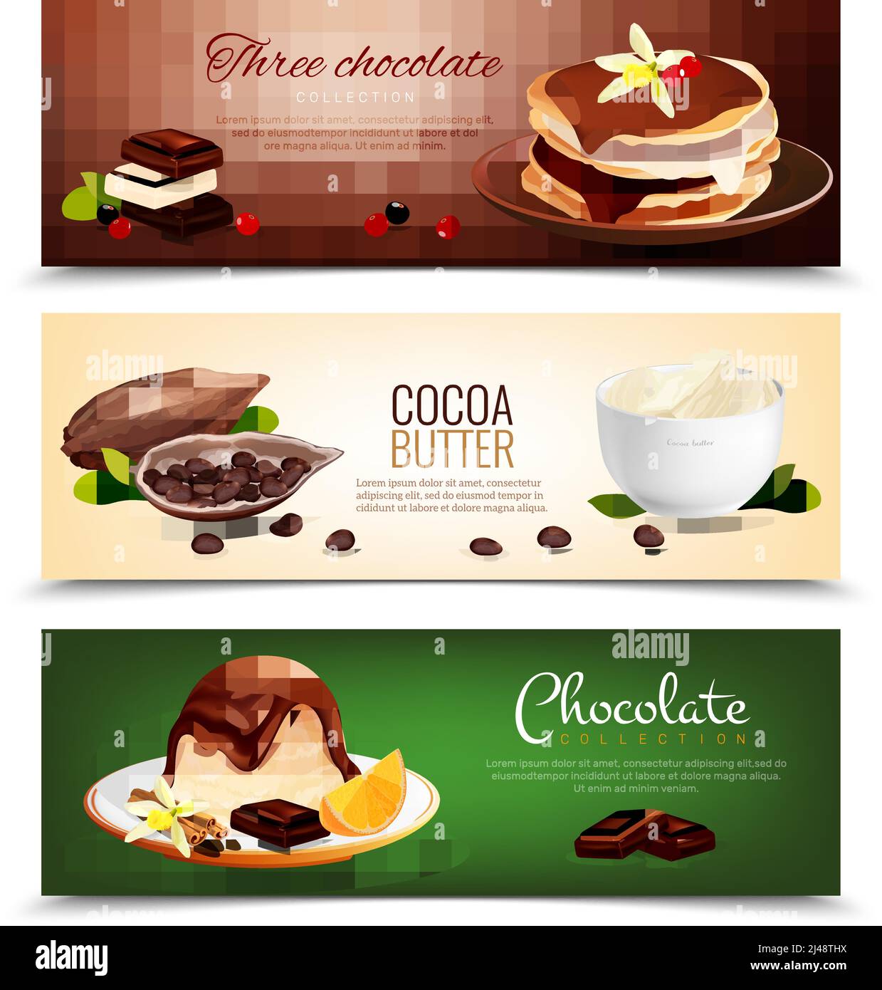 Ensemble de trois bannières horizontales pour produits Cocoa avec texte modifiable et des images de gâteaux et de l'illustration vectorielle de beurre de cacao Illustration de Vecteur