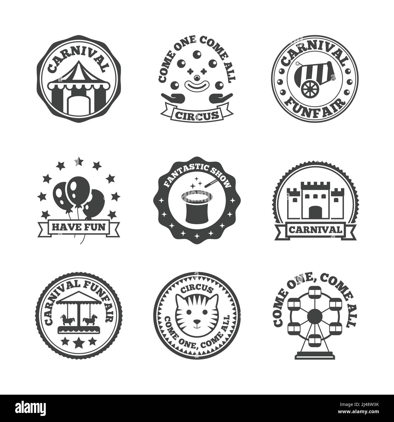 Parc d'attractions Carnival Funfair famille amusant label noir ensemble isolé illustration vectorielle Illustration de Vecteur