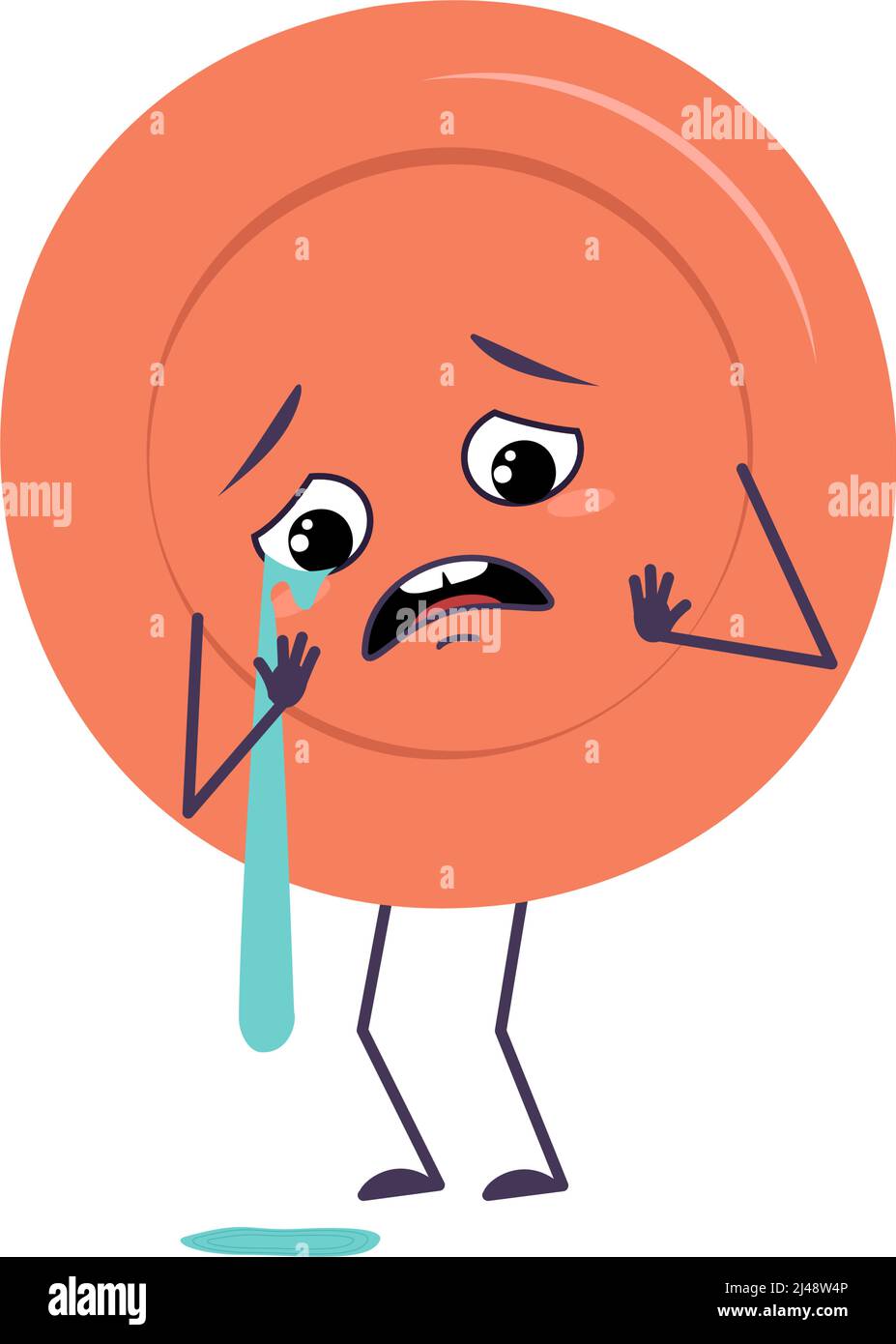 Adorable personnage de plaque avec pleurs et larmes émotions, visage, bras et jambes. Le plat drôle ou triste avec les yeux pour un café. Illustration vectorielle plate Illustration de Vecteur