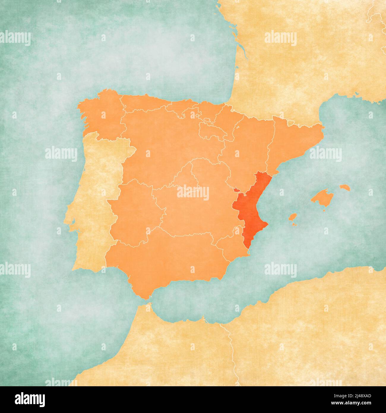 Communauté Valencienne (Espagne) sur la carte de la péninsule ibérique en grunge douce et de style vintage sur le vieux papier. Banque D'Images