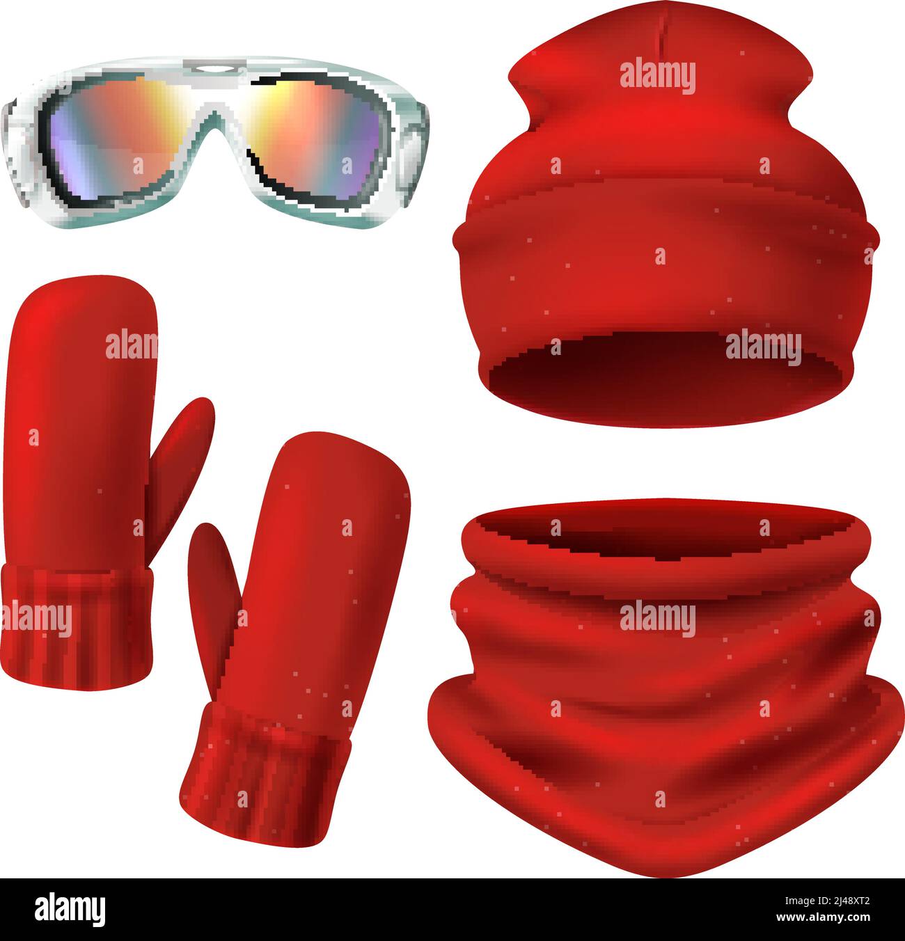 Ensemble de combinaison de ski rouge Icon avec moufles à chapeau et maille illustration du vecteur de protection des visages Illustration de Vecteur