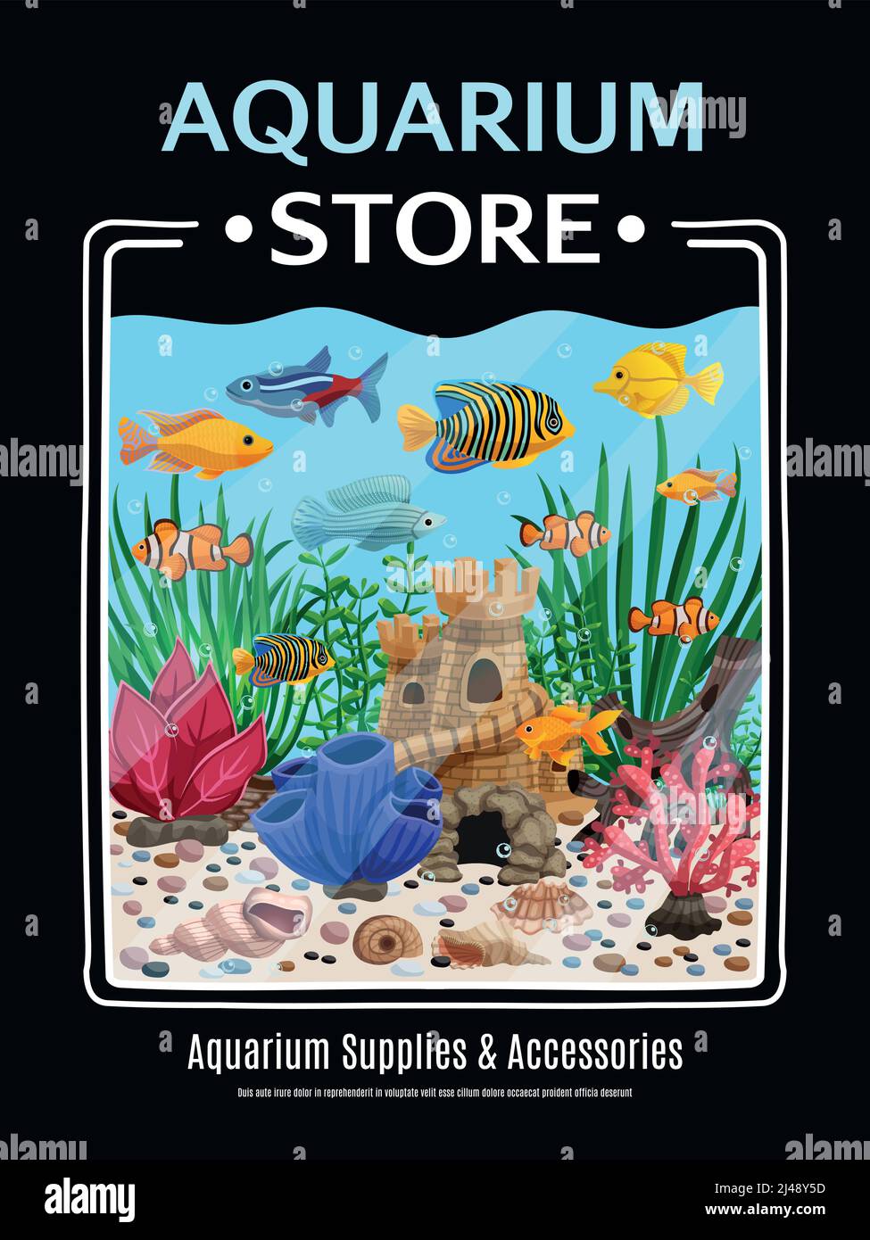 L'aquarium fournit des fournitures et des accessoires de caricature poster avec photo colorée de illustration du vecteur de vie sous-marin Illustration de Vecteur