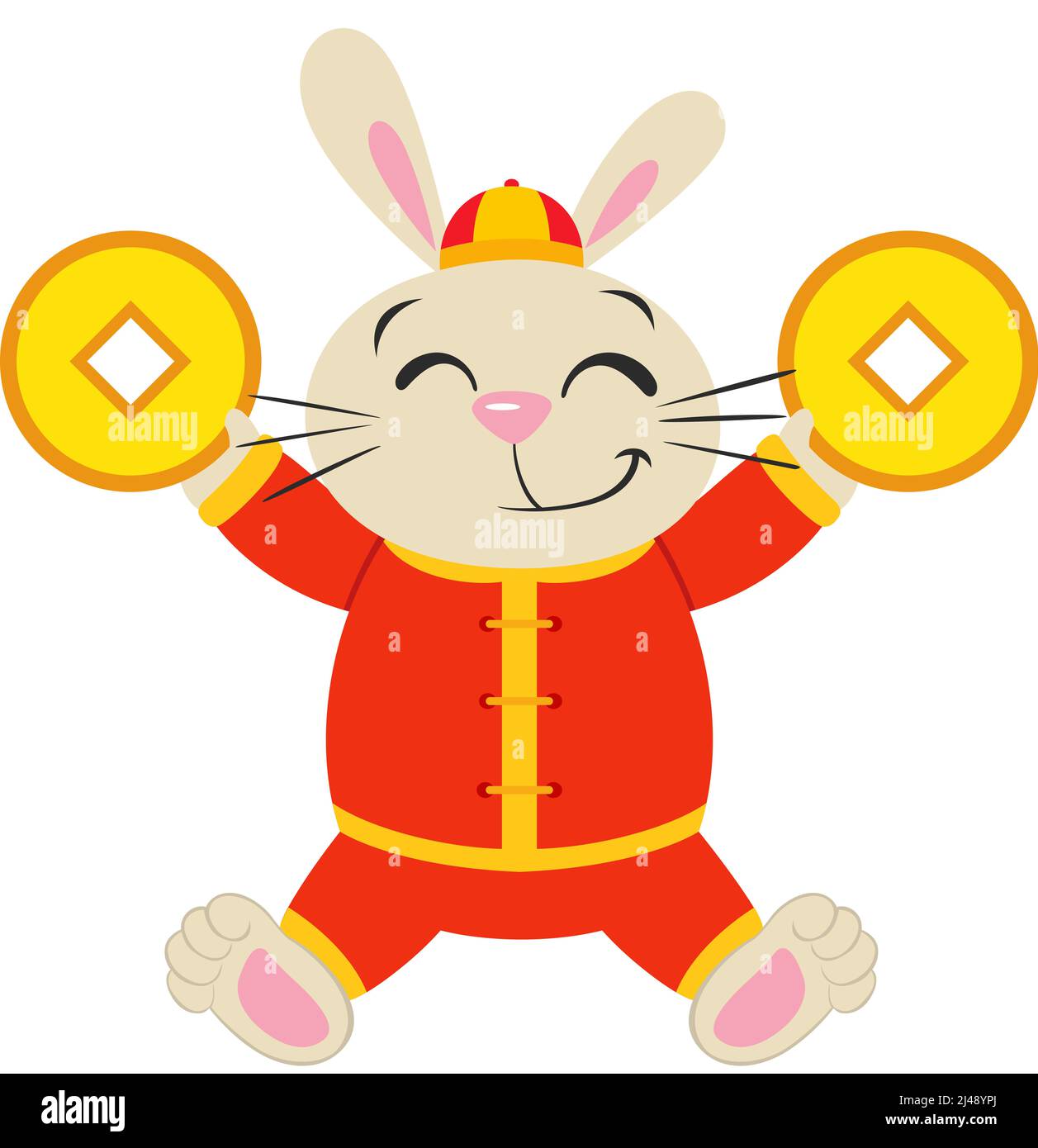 Joli lapin chinois de zodiaque avec pièces d'or Banque D'Images