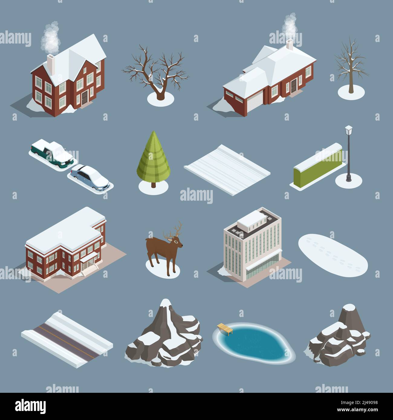 Paysage d'hiver, éléments isométriques avec bâtiments arbres cerfs rochers montagnes étang lac véhicules isolés illustration vectorielle Illustration de Vecteur