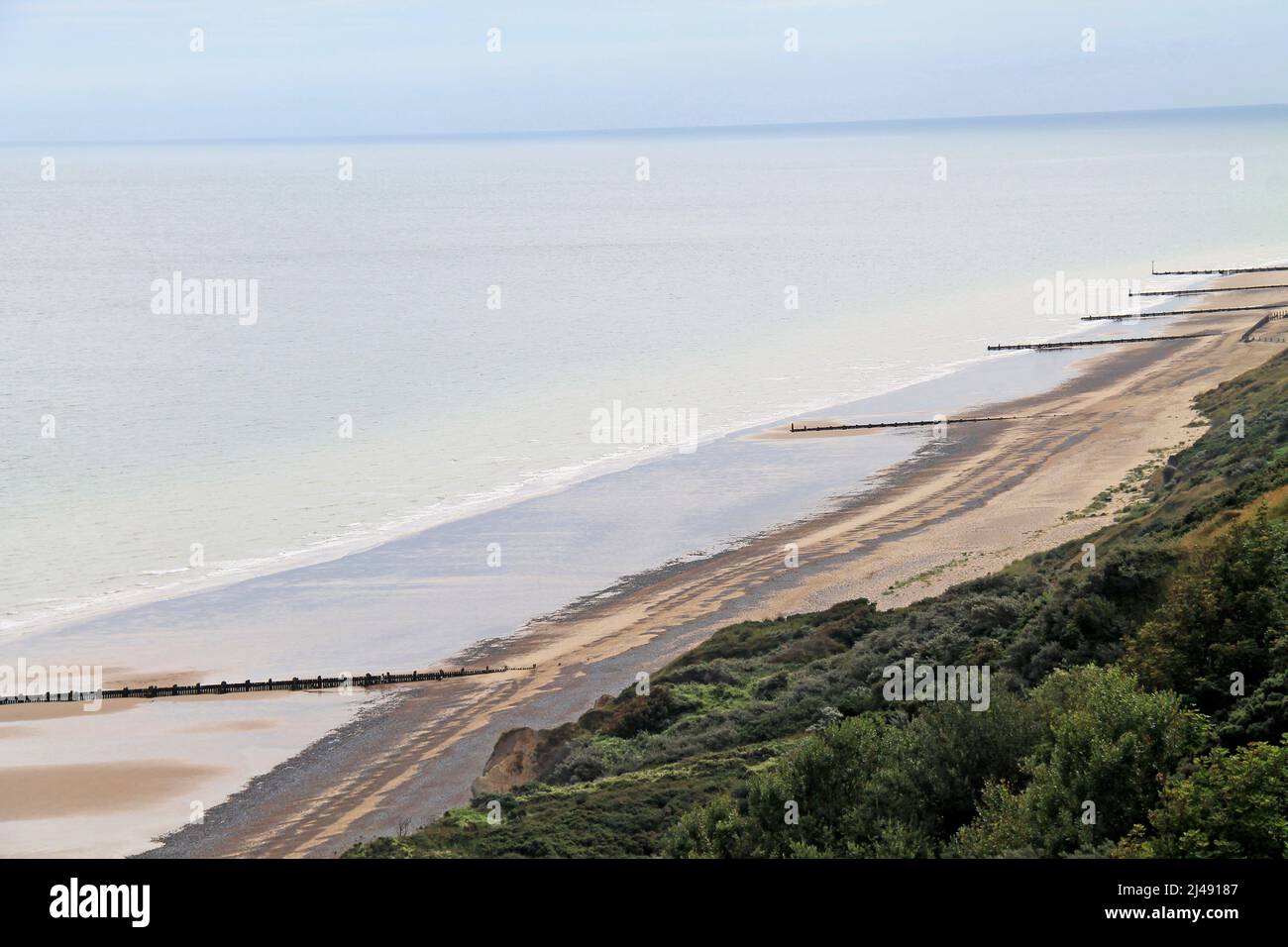 Une vue sur la mer de bois de la plage de défense de la mer groynes. Banque D'Images