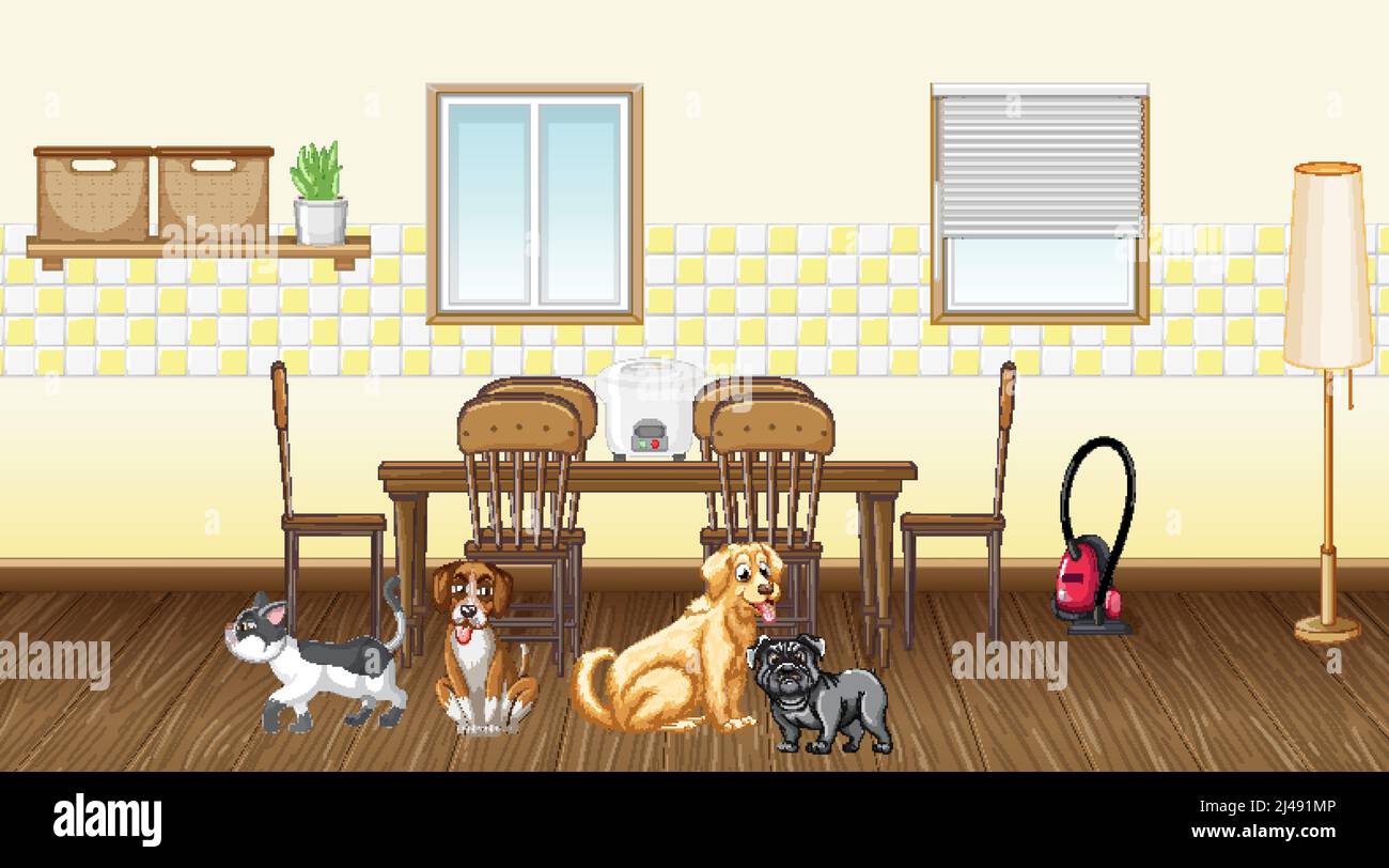 Ensemble de différents animaux domestiques dans la cuisine illustration Illustration de Vecteur