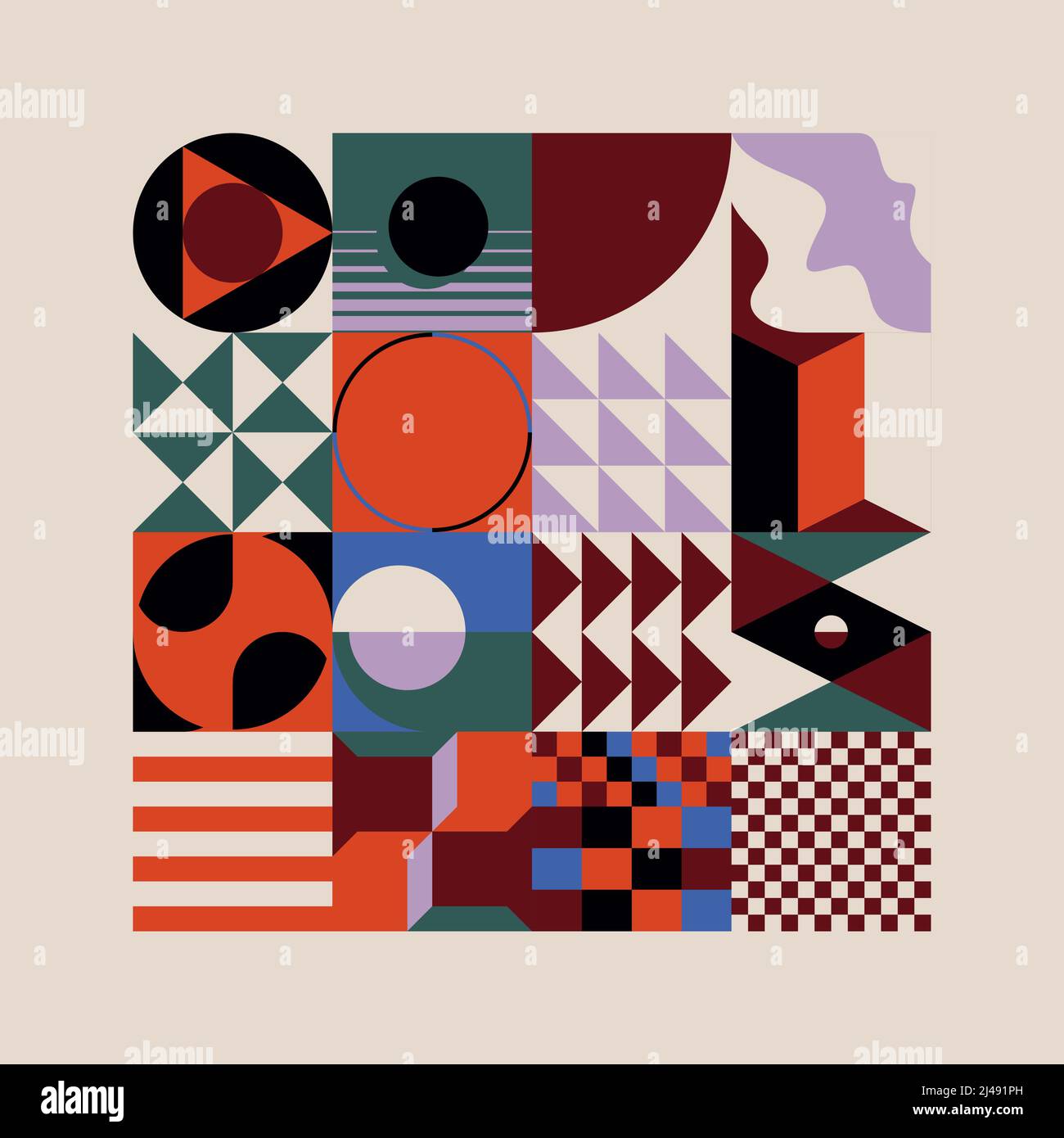 Œuvres d'art abstraites inspirées de Bauhaus, composées d'éléments de conception vectoriels et de formes géométriques audacieuses pour affiches, couvertures, œuvres d'art, présentations, imprimés, tissu, wal Illustration de Vecteur