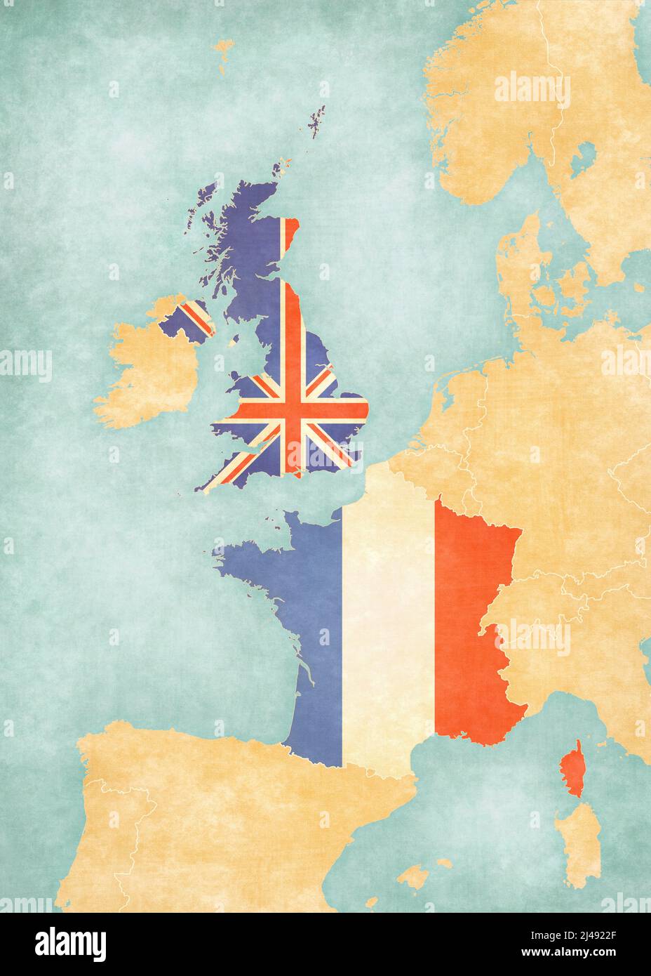 Le Royaume-Uni et la France sur la carte de l'Europe de l'Ouest dans un style grunge doux et vintage, comme le vieux papier avec aquarelle peinture. Banque D'Images