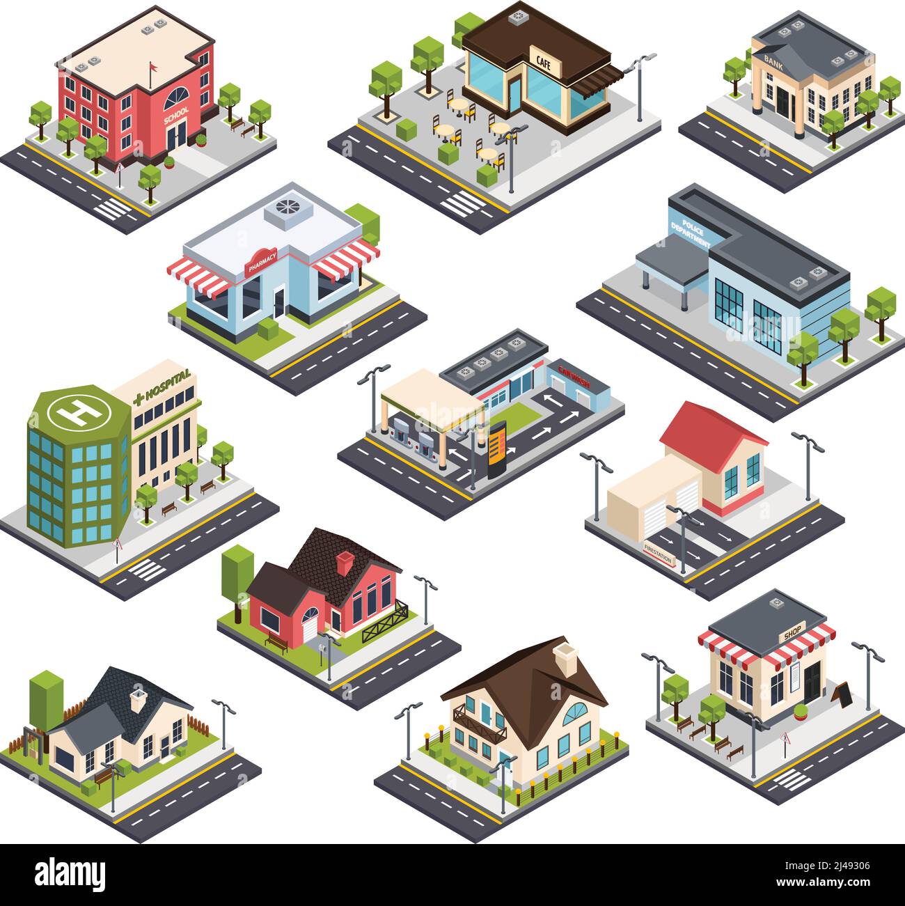 Bâtiments de ville isométriques avec éléments de route, ensemble avec maisons résidentielles, hôpital, banque, école, police isolé illustration de vecteur Illustration de Vecteur