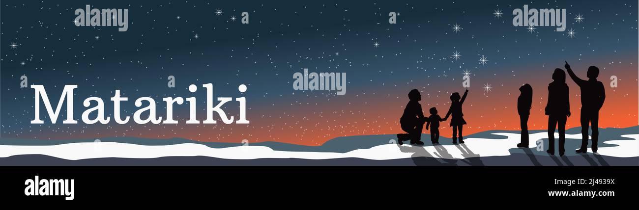 Bannière contemplant les étoiles sombres du ciel de nuit Matariki New Zealand Maoris New Year. Un groupe de personnes famille et amis avec homme femme enfants Illustration de Vecteur