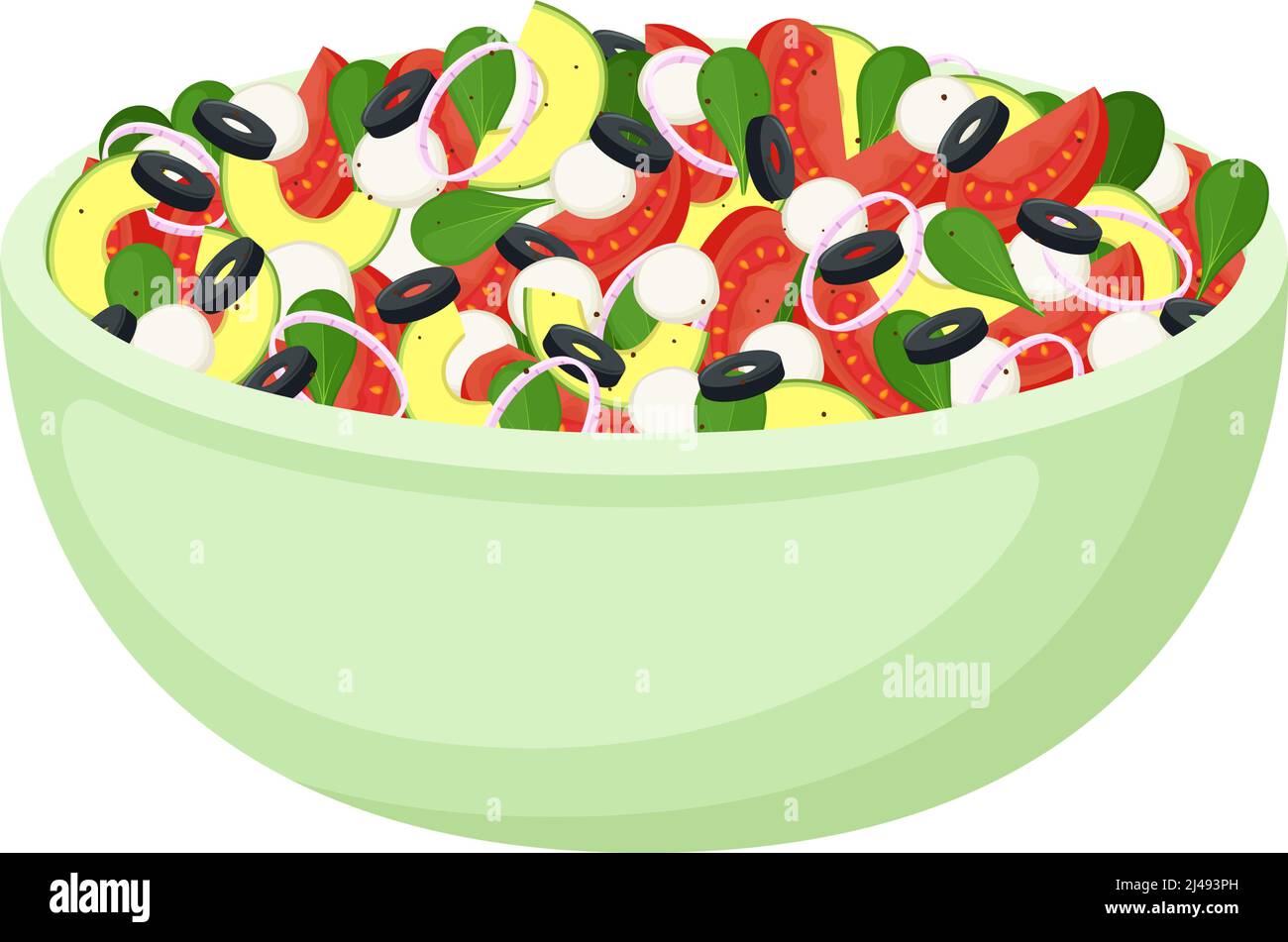 Salade maison de légumes frais, légumes verts, avocat, mozzarella et olives. Une alimentation saine. Repas végétarien. Illustration vectorielle Illustration de Vecteur