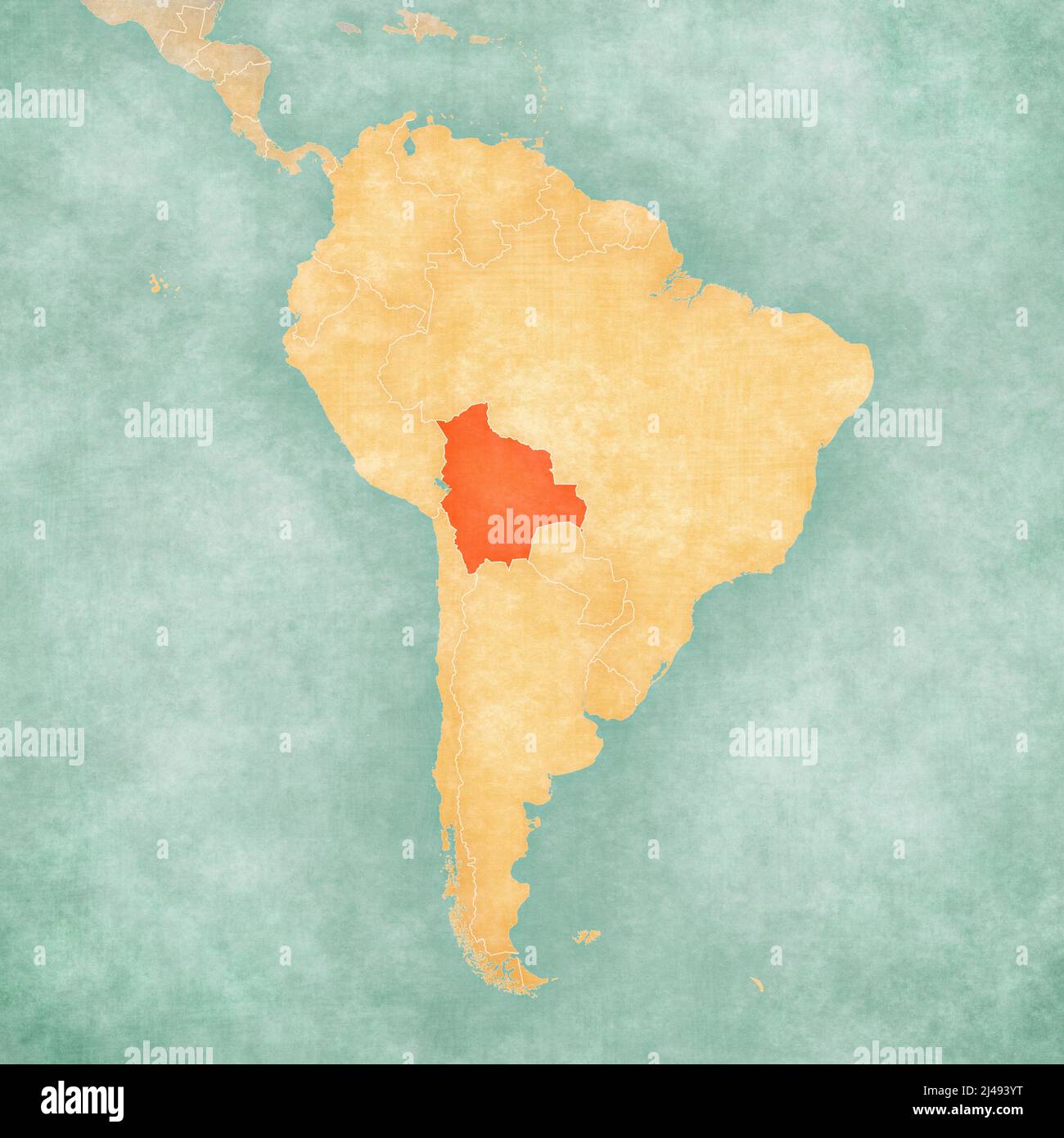 La Bolivie sur la carte de l'Amérique du Sud dans le grunge doux et le style vintage, comme le vieux papier avec aquarelle peinture. Banque D'Images