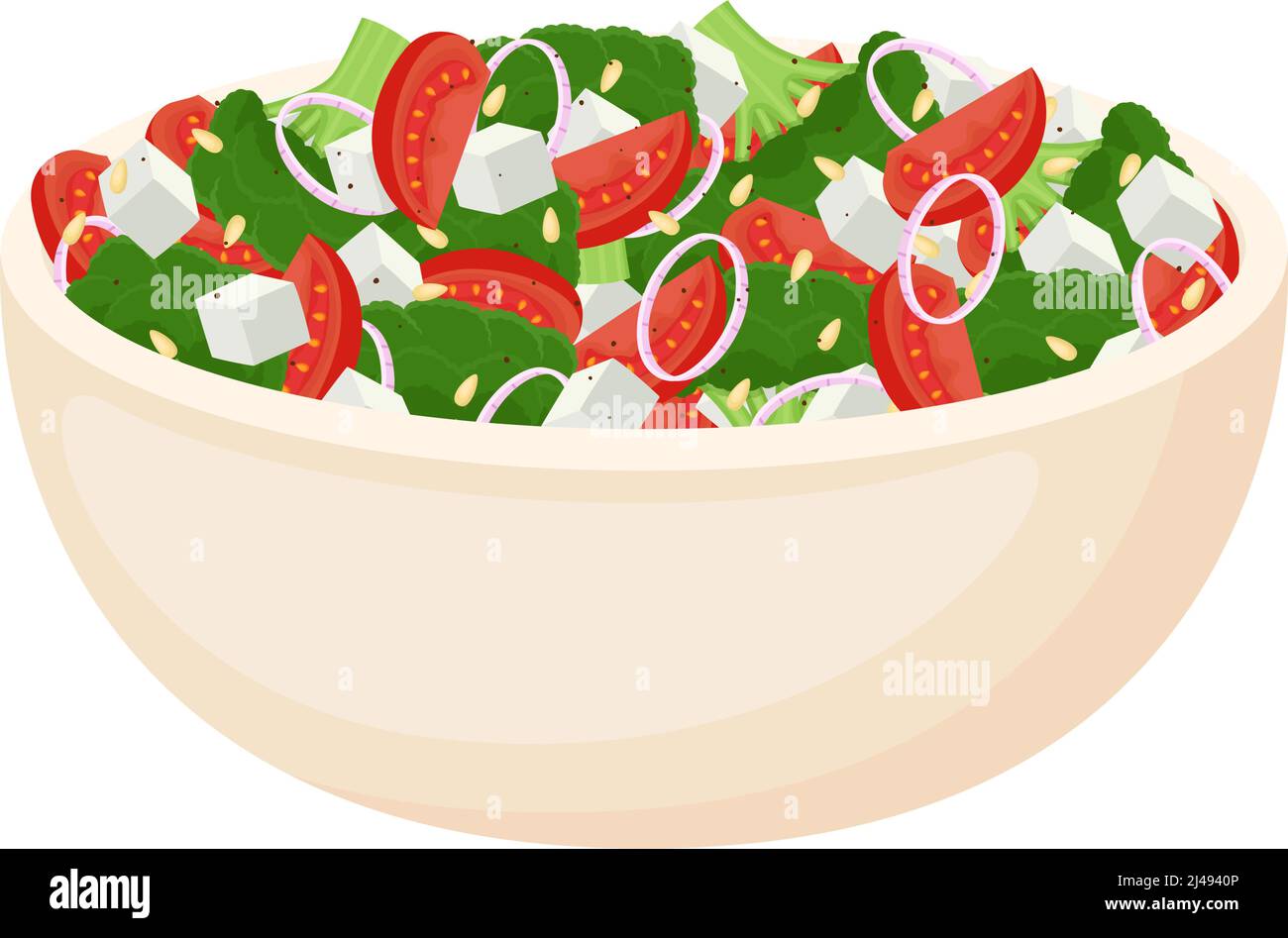 Salade maison de légumes frais, salade de fromage et pignons. Une alimentation saine. Repas végétarien. Illustration vectorielle Illustration de Vecteur