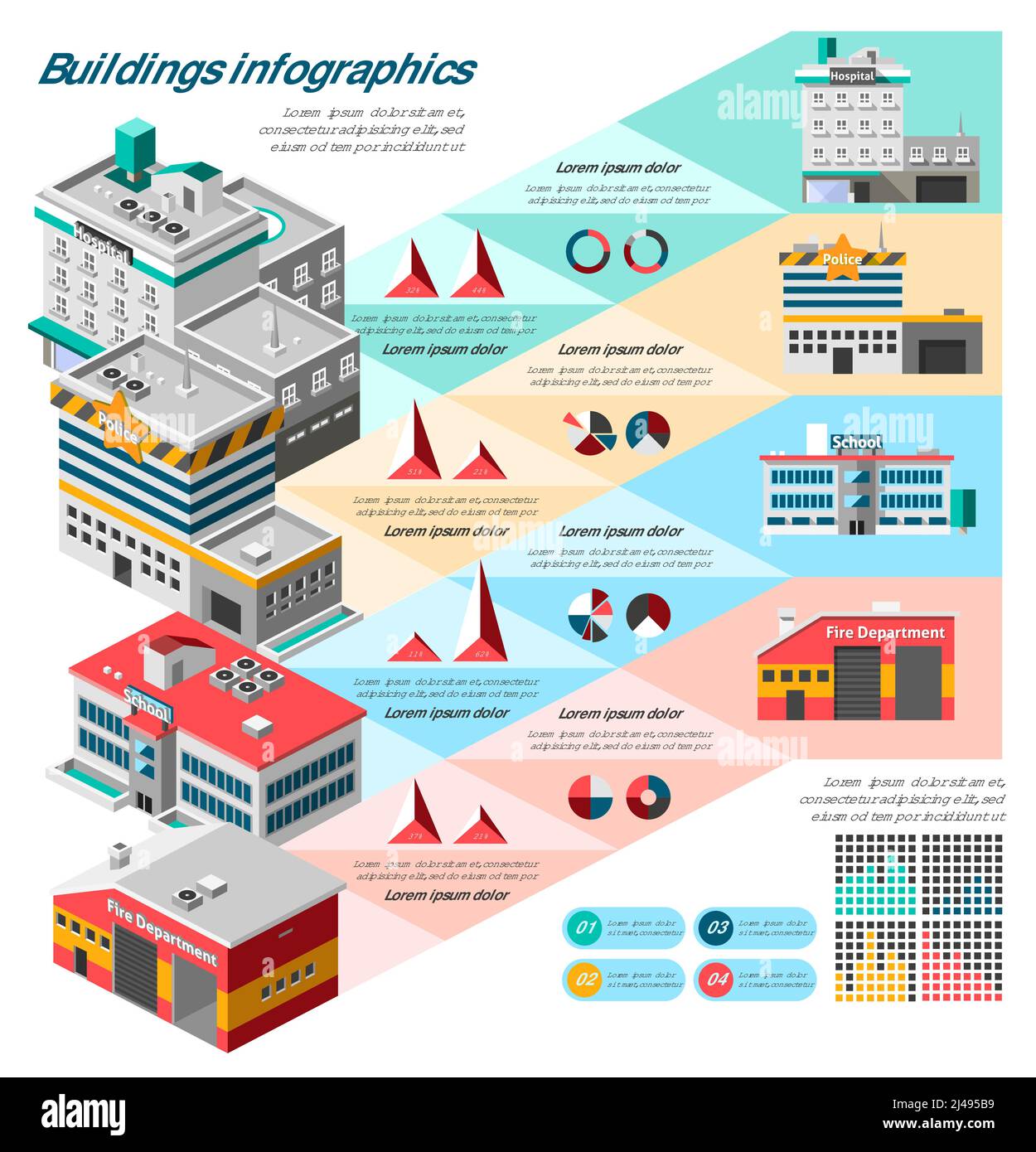 Ensemble d'infographies de bâtiments avec tableaux et caserne de pompiers isométriques illustration du vecteur scolaire Illustration de Vecteur