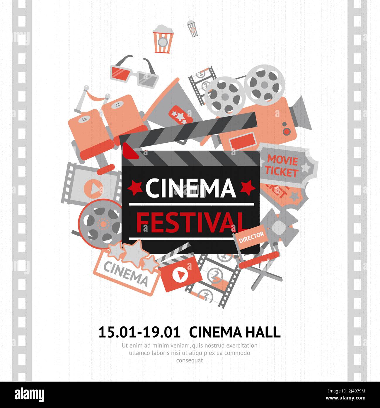 Affiche du festival de cinéma avec vecteur de cinéma et d'équipement de divertissement illustration Illustration de Vecteur