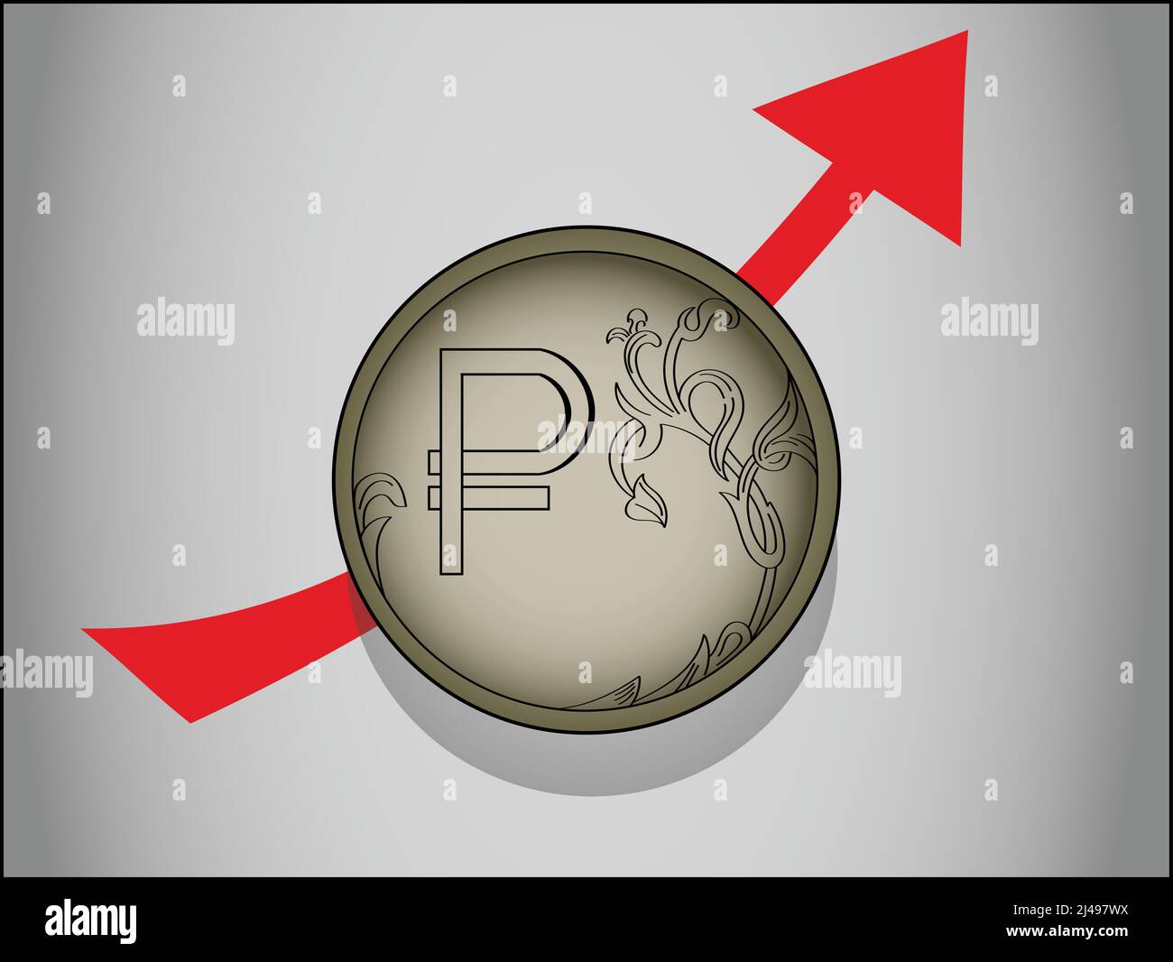 illustration d'une pièce de monnaie rouble russe près de la flèche rouge sur une image grise Illustration de Vecteur