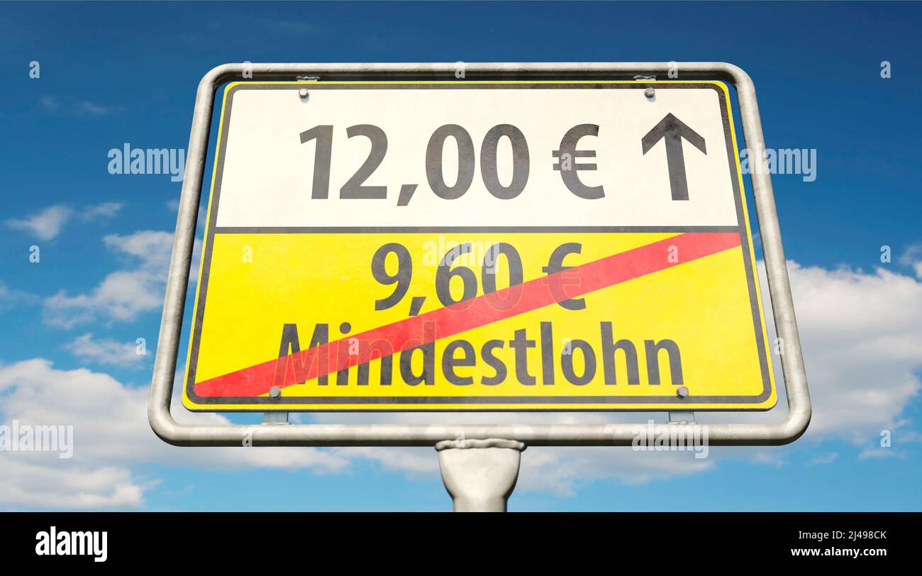 Un signe de nom de lieu allemand avec le mot allemand 'Mindestlohn' (salaire minimum) et des informations sur le salaire horaire Banque D'Images