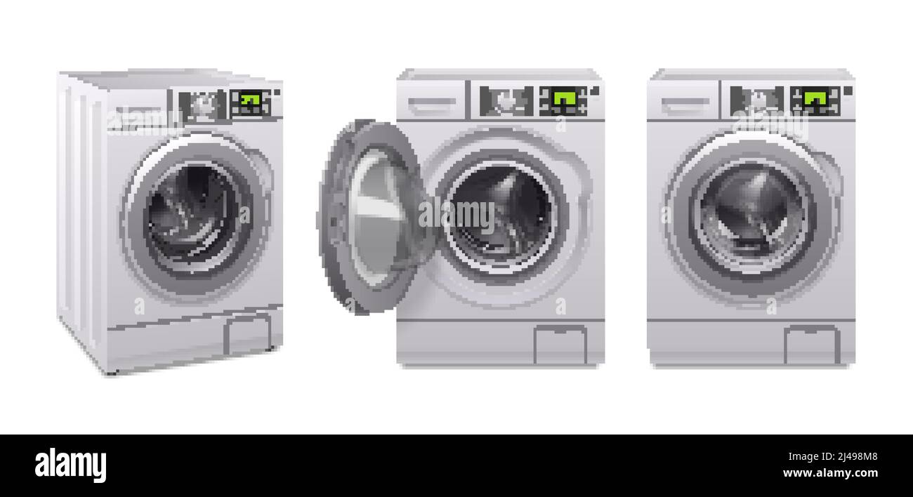 Lave-linge Realistic Icon Set trois produits d'appareils ménagers dans l'illustration vectorielle de position différente Illustration de Vecteur