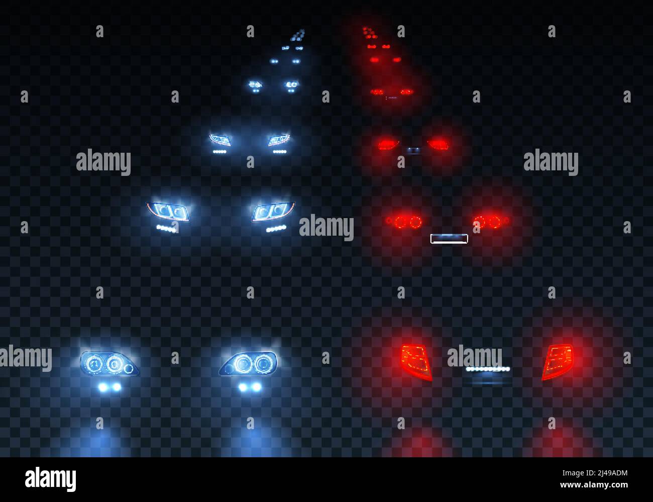 Les voitures flambeaux les feux de circulation allumés lorsque les feux de croisement passent lumières avec réflexions sur une illustration vectorielle transparente en arrière-plan Illustration de Vecteur