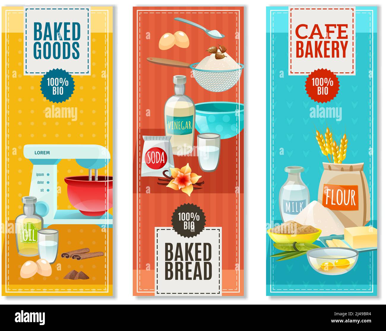 Ensemble de bannières verticales plates colorées pour la boulangerie avec pâtisserie illustration vectorielle isolée des ingrédients Illustration de Vecteur