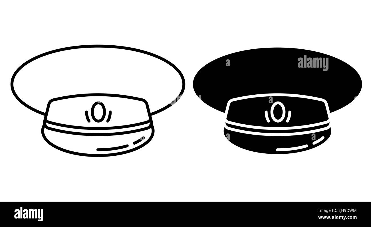 Icône linéaire, casquette d'officier, coiffe avec blason de général militaire. Vecteur noir et blanc simple isolé sur fond blanc Illustration de Vecteur