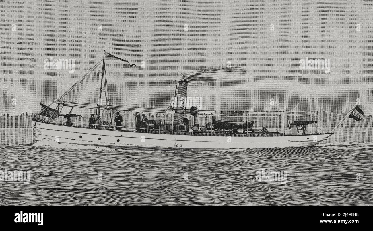 Guerre hispano-américaine. Conflit de guerre entre l'Espagne et les États-Unis en 1898, résultat de l'intervention nord-américaine dans la guerre d'indépendance cubaine. 43 tonnes de barque de troisième classe 'Ligera', qui a vaincu le torpille américain 'Cushing' dans les eaux de Cárdenas (Cuba). Gravure. La Ilustración Española y Americana, 1898. Banque D'Images