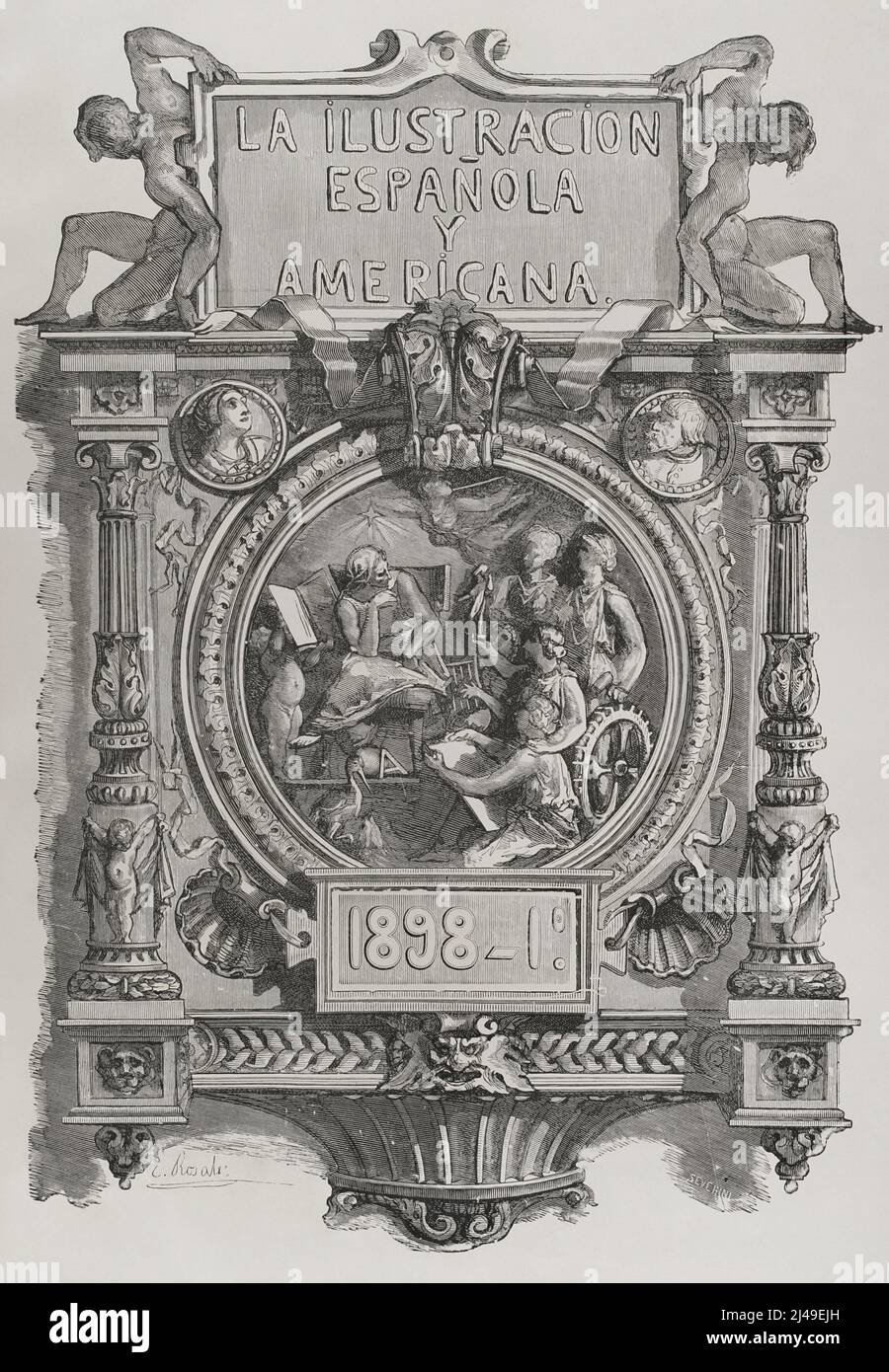 'La Ilustración Española y Americana'. Publication hebdomadaire fondée par Abelardo de Carlos en 1869. Édité à Madrid (Espagne) de 1869 à 1921. Frontispice du premier volume qui a compilé les magazines du premier semestre de 1898. Banque D'Images