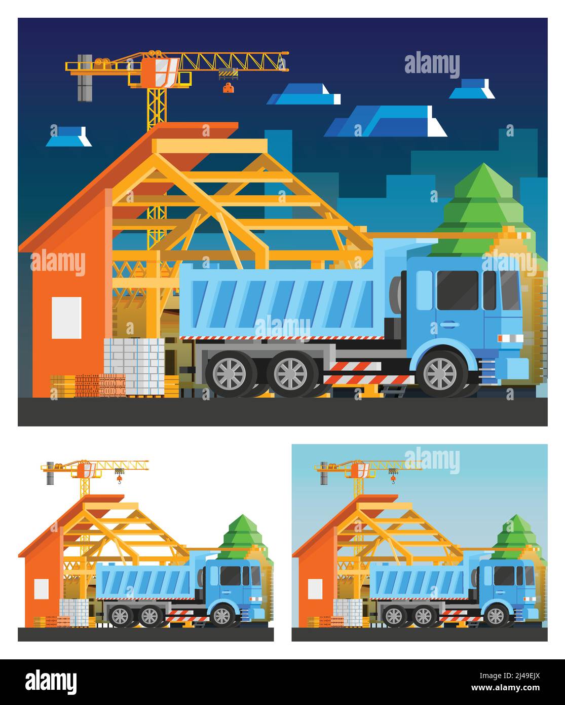 Compositions orthogonales de construction avec maison et chariot isolés à plat illustration vectorielle Illustration de Vecteur