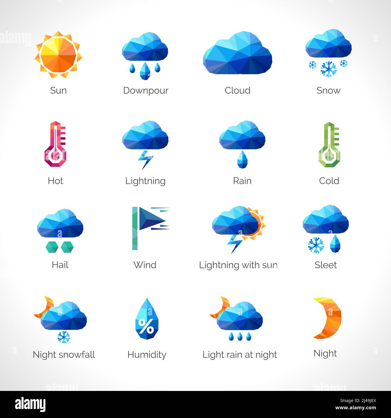 Les icônes polygonales des prévisions météorologiques sont représentées par des nuages de soleil et de la neige symboles illustration vectorielle isolée Illustration de Vecteur