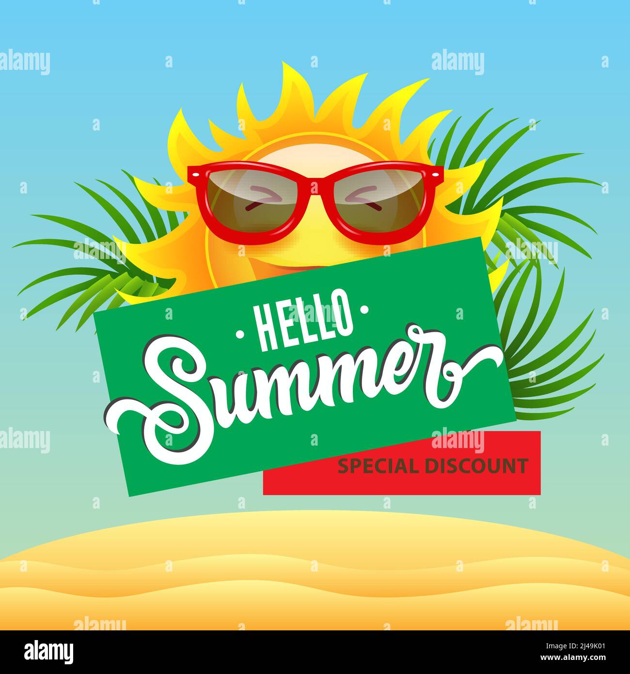 Bonjour été, réduction spéciale poster design avec dessin animé sourire soleil dans des lunettes de soleil, des feuilles tropicales et des dunes de sable. Le texte peut être utilisé pour les panneaux, broch Illustration de Vecteur