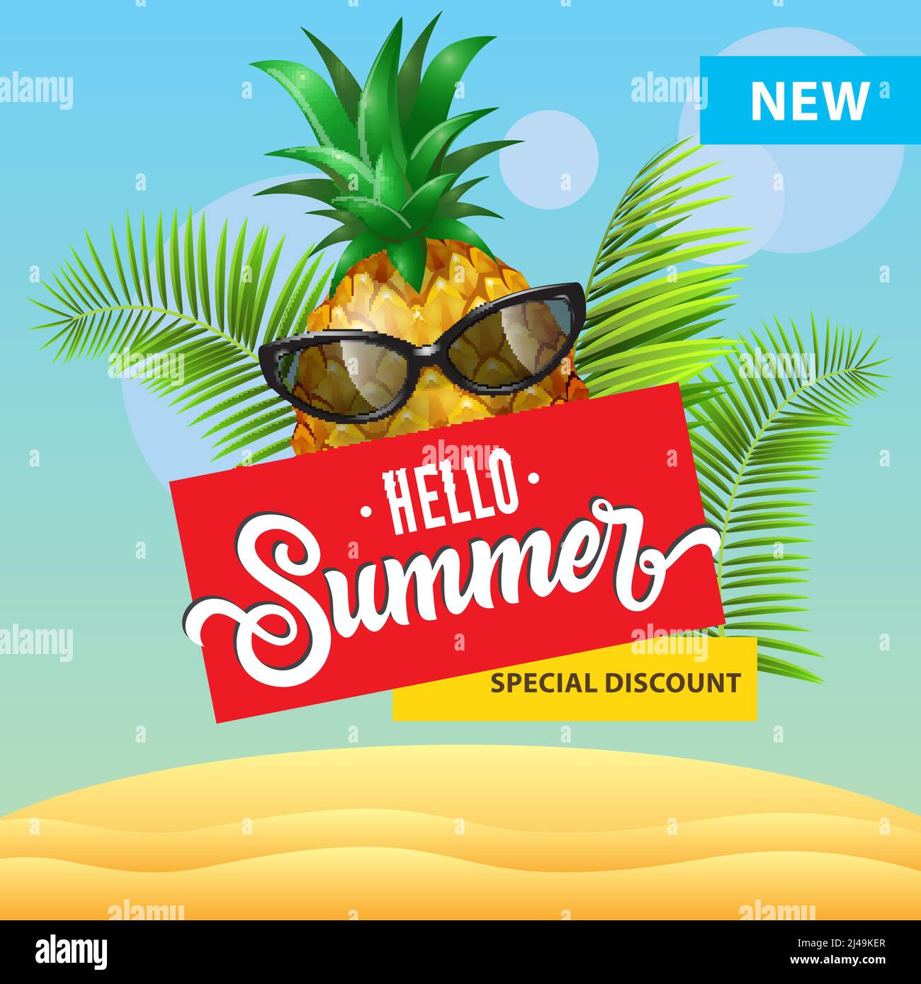 Nouveau rabais spécial, Hello été poster design avec dessin animé ananas dans des lunettes de soleil, des feuilles de palmier et des dunes de sable. Le texte peut être utilisé pour les affiches, les circulaires, Illustration de Vecteur