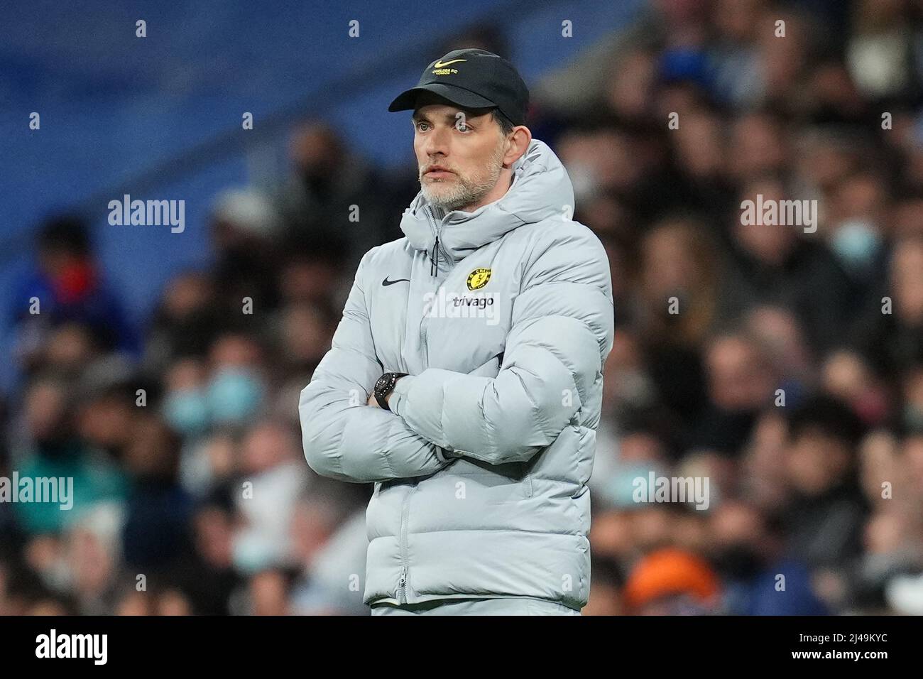 Madrid, Espagne. 12th avril 2022. Thomas Tuchel, entraîneur-chef de Chelsea, lors du match de l'UEFA Champions League, quart de finale, deuxième jambe, entre le Real Madrid et le Chelsea FC, a joué au stade Santiago Bernabeu le 12 avril 2022 à Madrid, Espagne. (Photo de Colas Buera/PRESSINPHOTO) Credit: PRESSINPHOTO SPORTS AGENCY/Alay Live News Banque D'Images