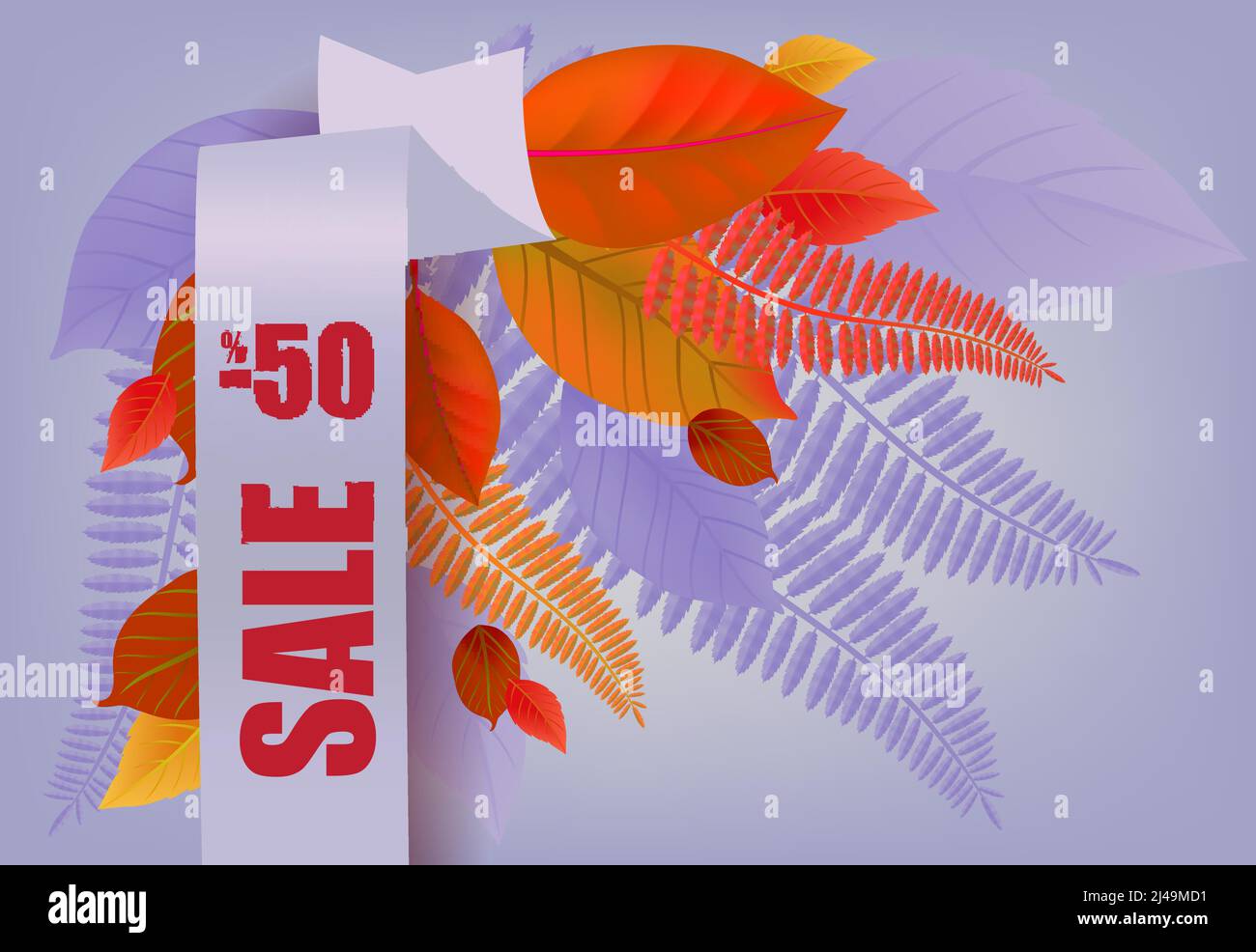 Solde, moins cinquante pour cent de lettrage, feuilles orange et pourpres. Offre ou vente saisonnière design publicitaire. Texte tapé, calligraphie. Pour les dépliants, broch Illustration de Vecteur
