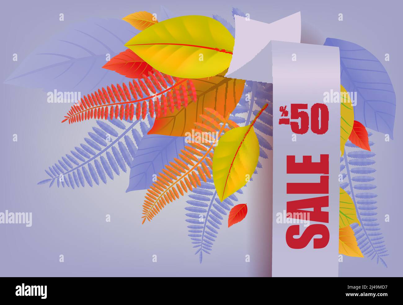 Solde, moins cinquante pour cent de lettrage, feuilles jaunes et violettes. Offre ou vente saisonnière design publicitaire. Texte tapé, calligraphie. Pour les dépliants, broch Illustration de Vecteur