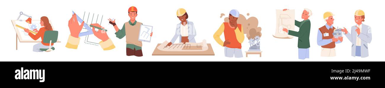 Les ingénieurs travaillent avec des projets et des équipements de construction, un ensemble d'expertise professionnelle Illustration de Vecteur