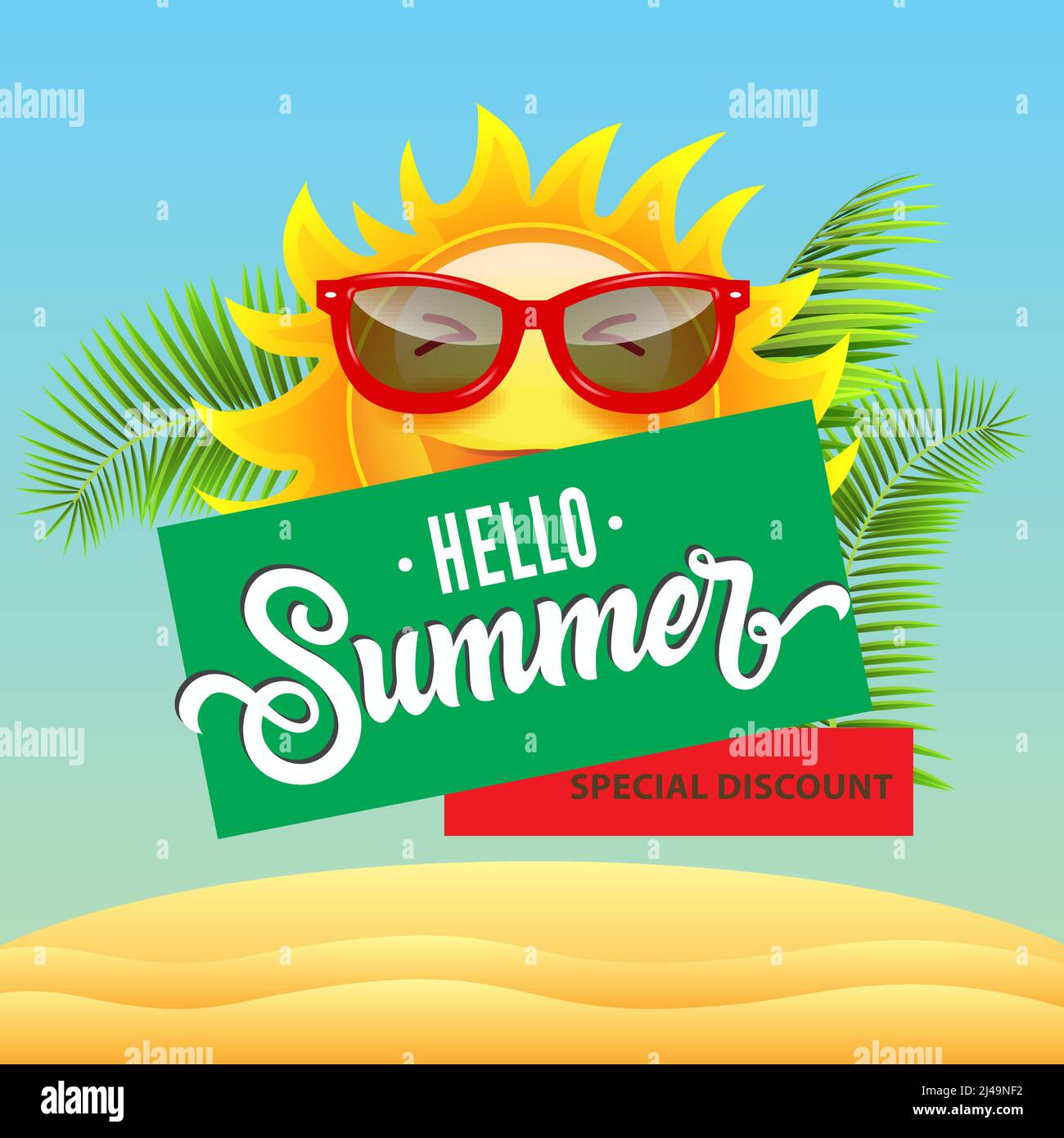 Réduction spéciale, bonjour été, vente affiche design avec dessin animé sourire soleil dans les lunettes de soleil, les feuilles tropicales et les dunes de sable. Le texte peut être utilisé pour les panneaux, Illustration de Vecteur