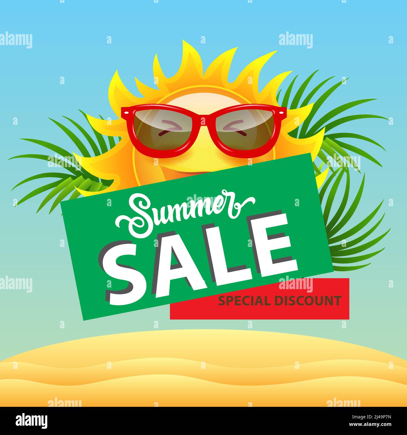 Solde d'été, affiche de réduction spéciale avec soleil de bande dessinée dans des lunettes de soleil, des feuilles de palmier et des dunes de sable. Le texte peut être utilisé pour les affiches, les étiquettes, les prospectus, les étiquettes Illustration de Vecteur