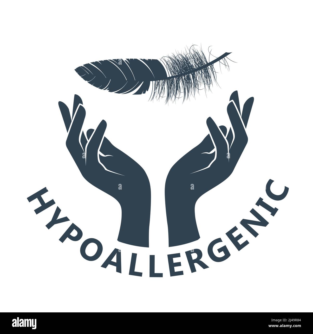 Logo des produits testés hypoallergéniques, étiquette pour produits dermatologiques sans danger, mains et plumes, soins sensibles pour la peau, Vector Illustration de Vecteur