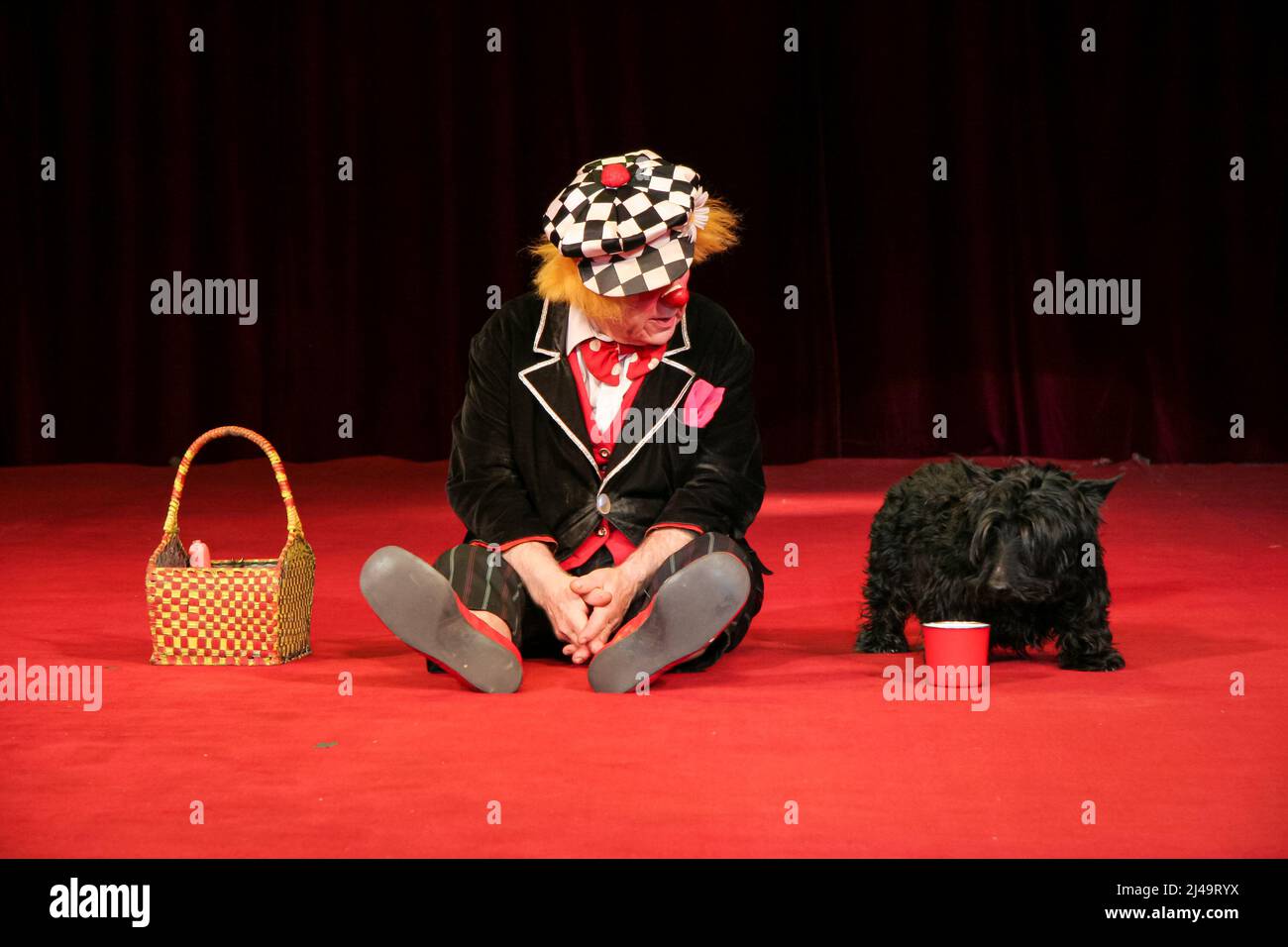 Oleg Popov (1930-2016), célèbre clown russe, mime et artiste de cirque, interprète en costume d'Ivanuska un pique-nique avec son chien au cirque d'État russe à Wetzlar, en Allemagne. 13th mars 2008. Crédit: Christian Lademann / LademannMedia Banque D'Images