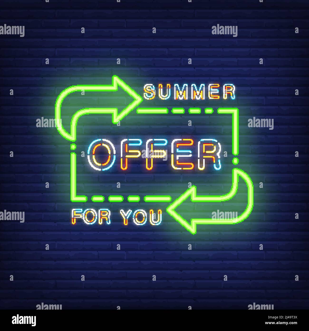 Offre été pour vous lettrage dans le style néon. Illustration vectorielle avec texte lumineux coloré et flèches de direction vertes. Modèle nuit lumineuse pour Ban Illustration de Vecteur