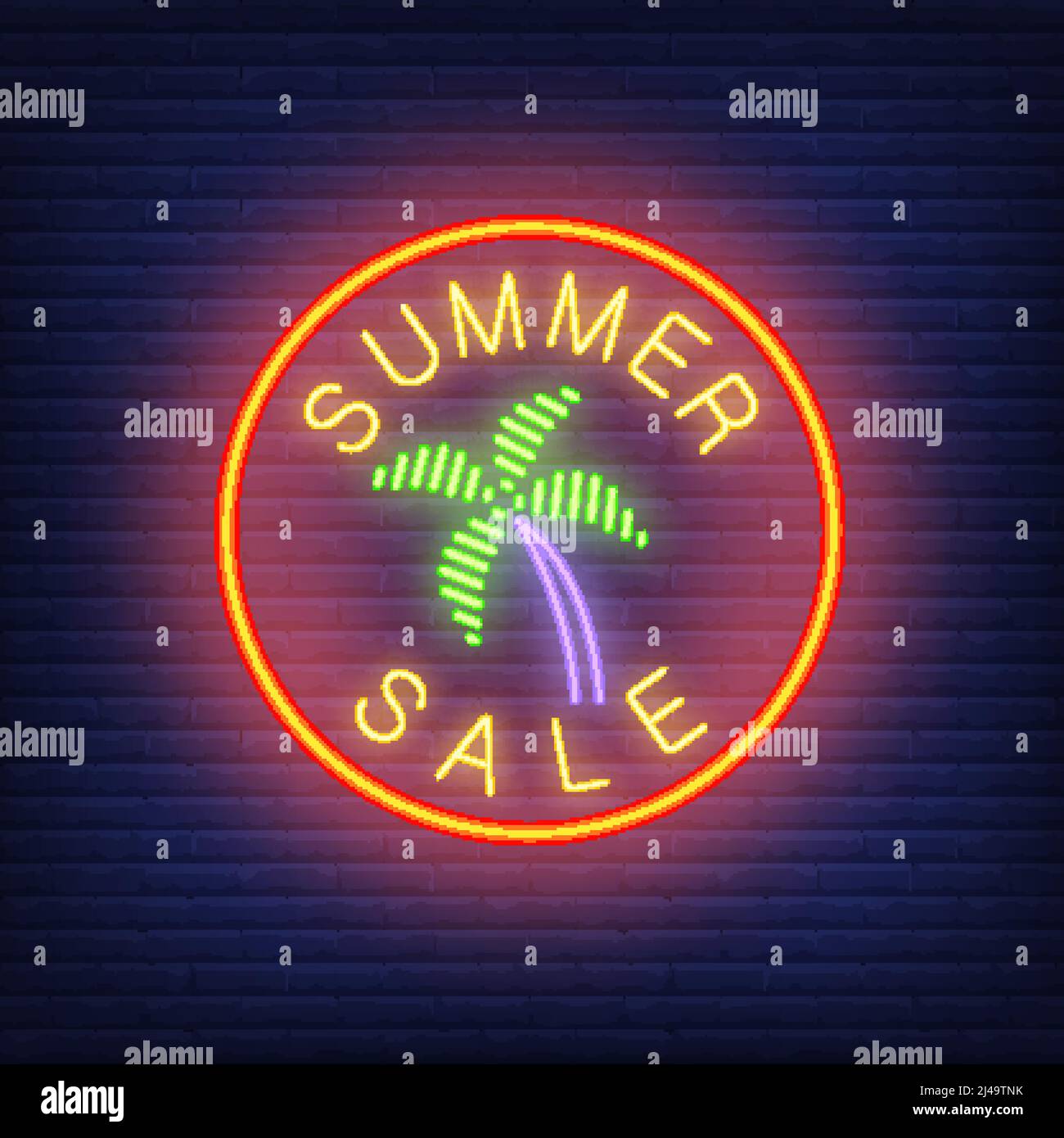 Solde d'été texte néon avec palmier en cercle. Offre saisonnière ou design publicitaire de vente. Panneau néons lumineux de nuit, panneau d'affichage coloré, bannière lumineuse. Illustration de Vecteur